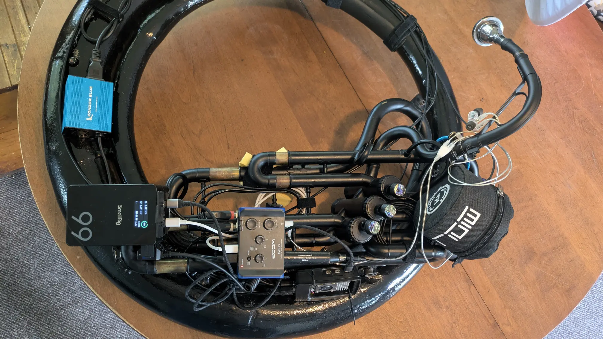 sousaphone with gear attached, top view